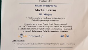 Dyplom laureata 3 miejsca dla ucznia Michała Ferens