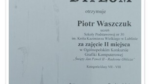 Dyplom dla Piotra Waszczuka za zajęcie 2 miejsca