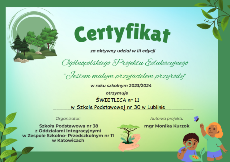 Certyfikat Ogólnopolskiego Projektu Edukacyjnego 